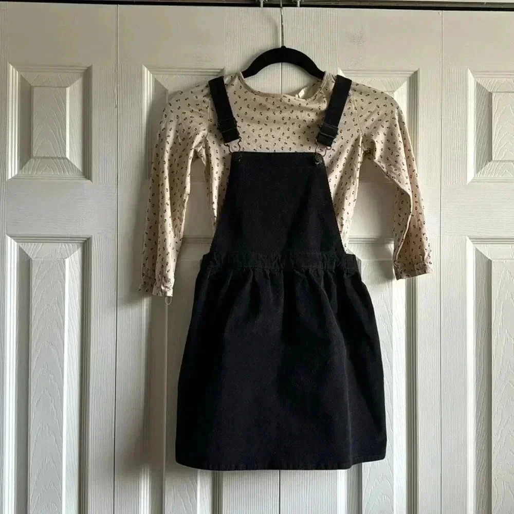 H&M | Corduroy Overall Dress | with Floral Long Sleeve Top | size 7